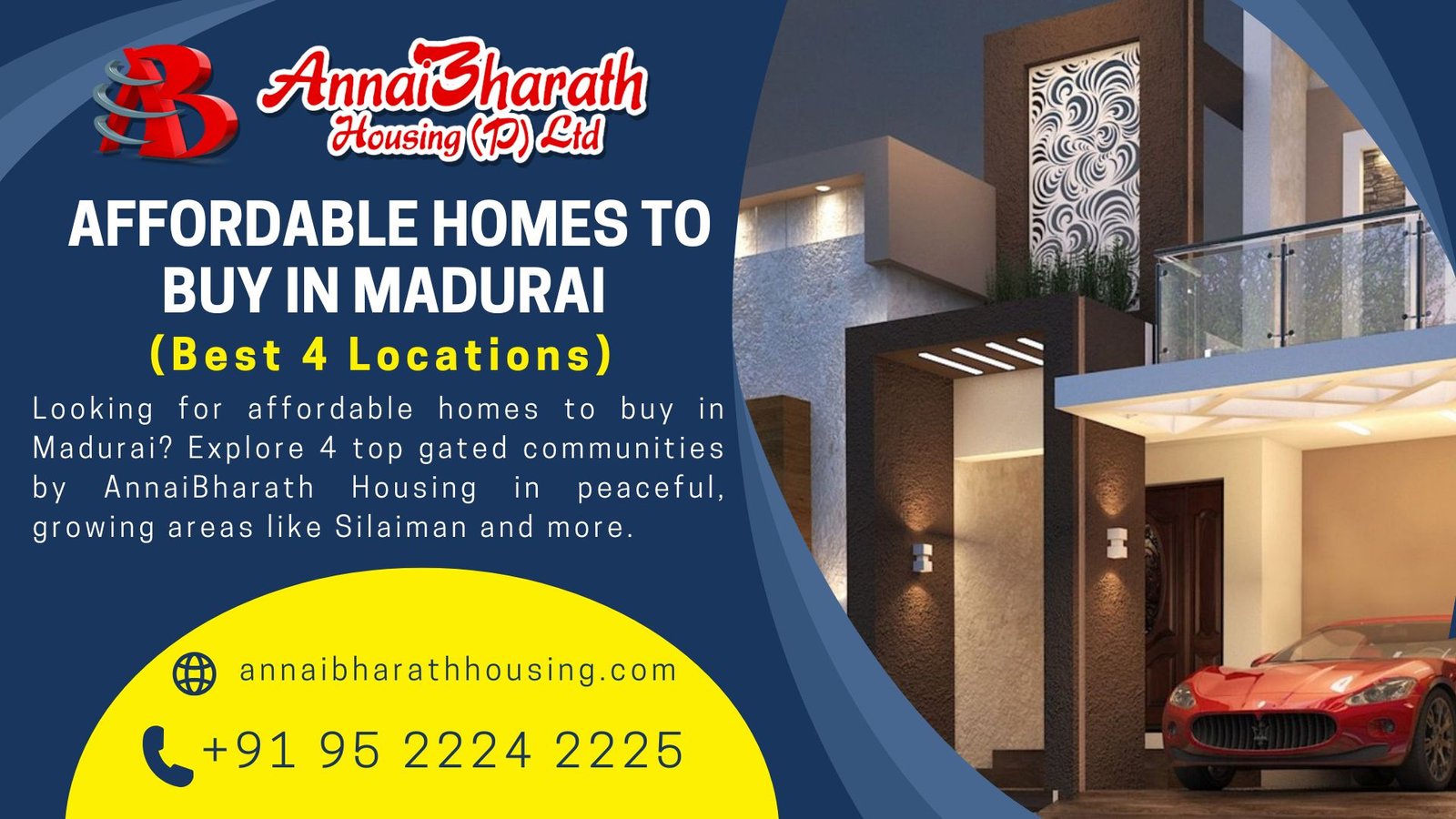 Promotional banner for affordable homes to buy in Madurai by AnnaiBharath Housing with contact number and modern villa image